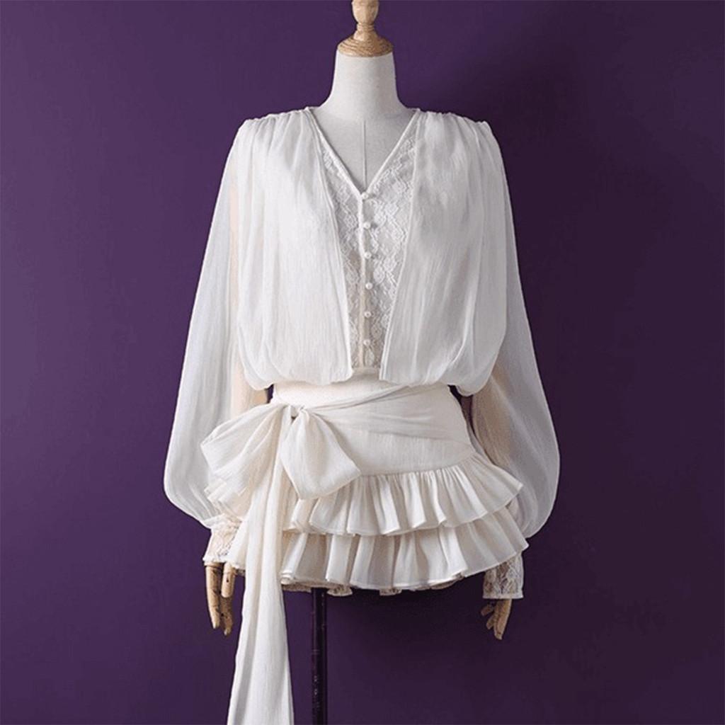French Girl Style Lantern Sleeve Lace Bow Dress With High Waist For Casual Spring Fashion