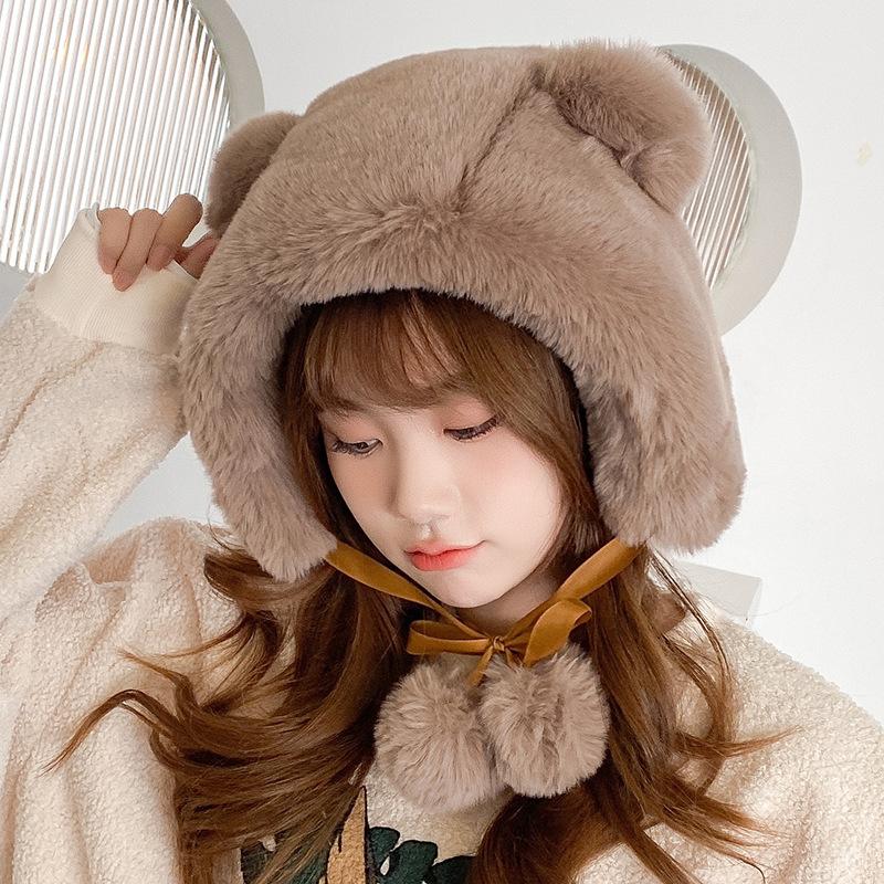 Bear Ears Hat Female Autumn and Winter Sweet and Lovely Lei Feng Cap Plush Windproof Warm Ear Protection Cycling Cap