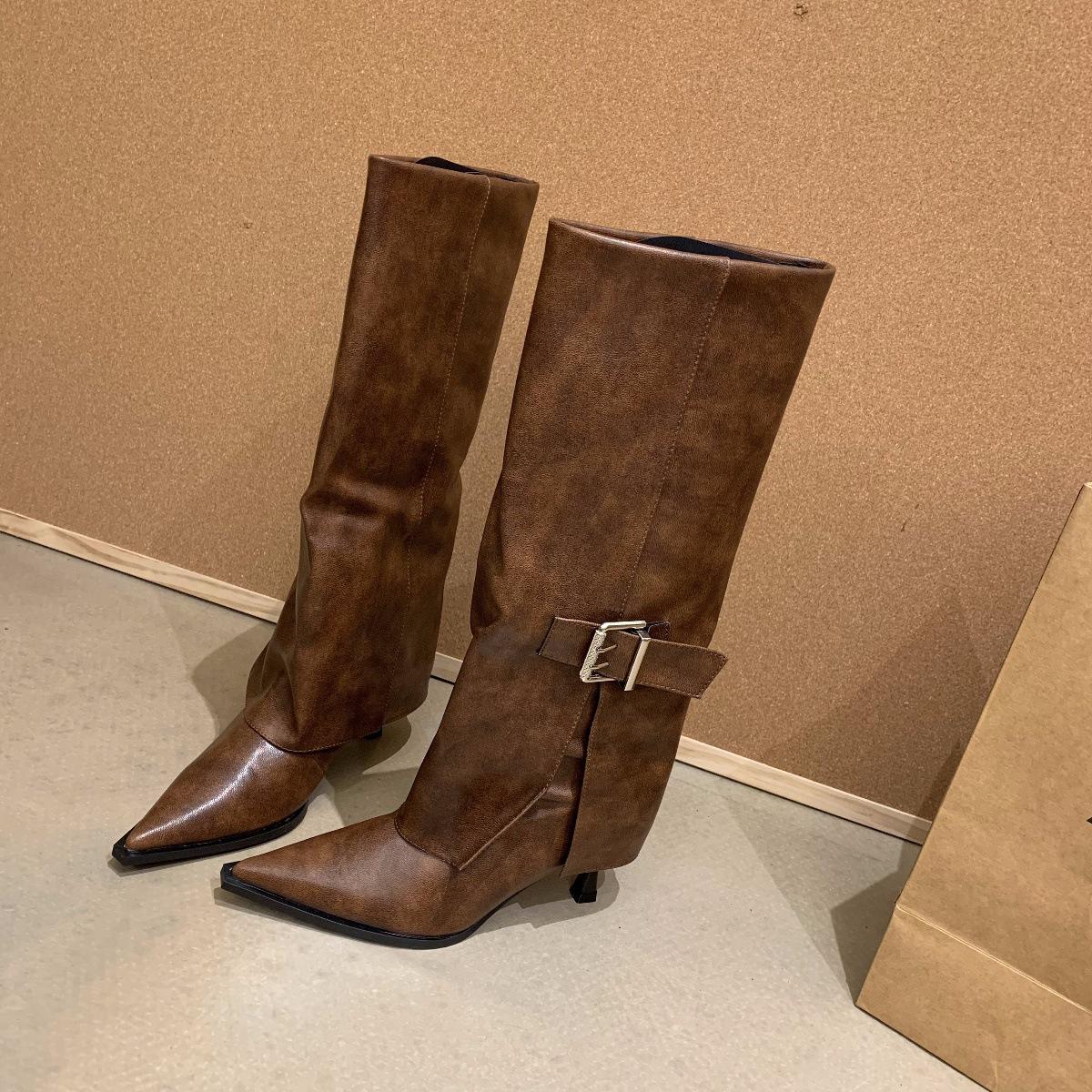 

European and American pointed high-heeled trouser boots female Spice Girl Skinny Martin boots high boots 40 коричневий