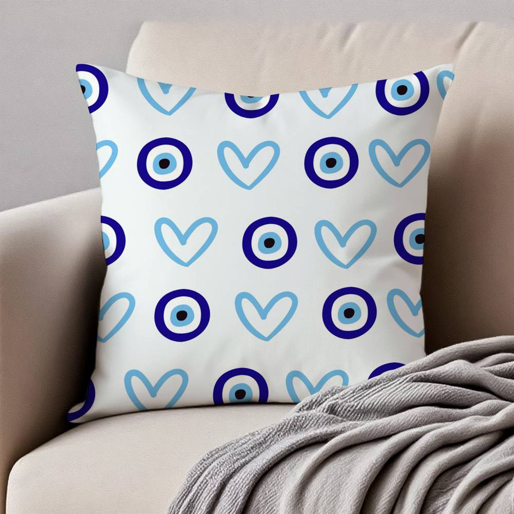 

Blue H-Heart E-Evil Eye Pillow Case Anti-dustmite Pillowcase Invisible Zipper Silky Short Plush Sofa Cushion Cover 12x12Inch