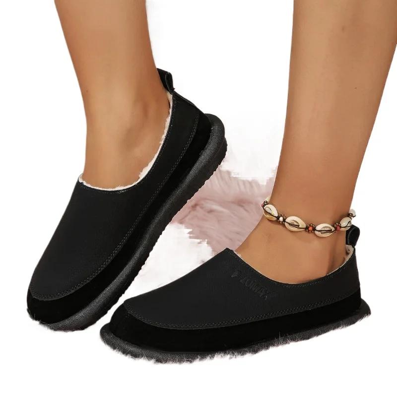 2024 Winter Women's Shoes Fashion Round Toe Solid Color Low Heel Slip-on Velvet Lined Warm and Comfortable Women's Flat Shoes