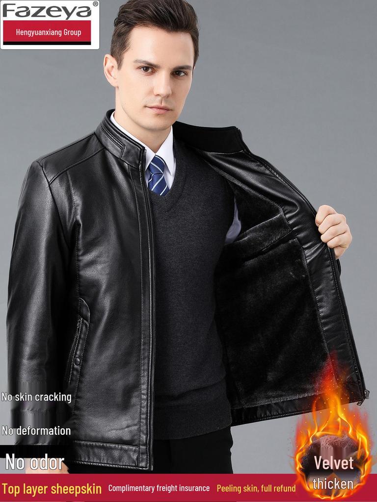 Men's Winter Sheepskin Leather Jacket with Fleece Lining - Thick, Warm Outerwear for Middle-aged and Elderly