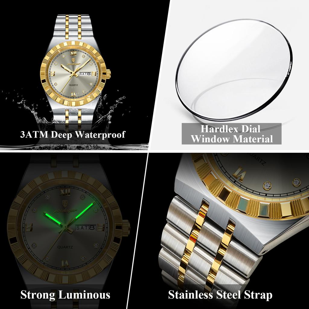 POEDAGAR Original Military Man Wristwatch Quartz Week Date Watch For Men Waterproof Luminous Stainless Steel Men's Watches