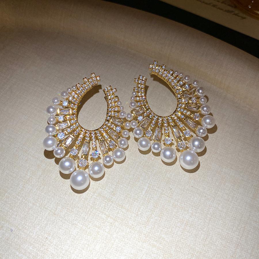 Zircon Pearl Round Pendant Earrings Retro Luxury Wholesale Jewelry