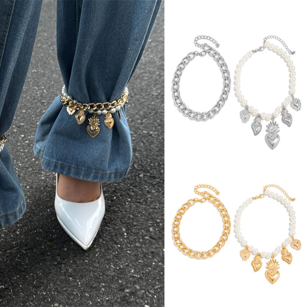 Unique 2PCS Resin Pearls Heart Anklet And Alloy Waist Chain Fashion Accessories Stylish Pearls & Heart Foot Chain