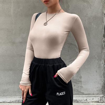 Body sexy da donna sottile Body aderente attillato alla moda solido Body da donna a maniche lunghe O-Collo Casual Body femminile beige nero