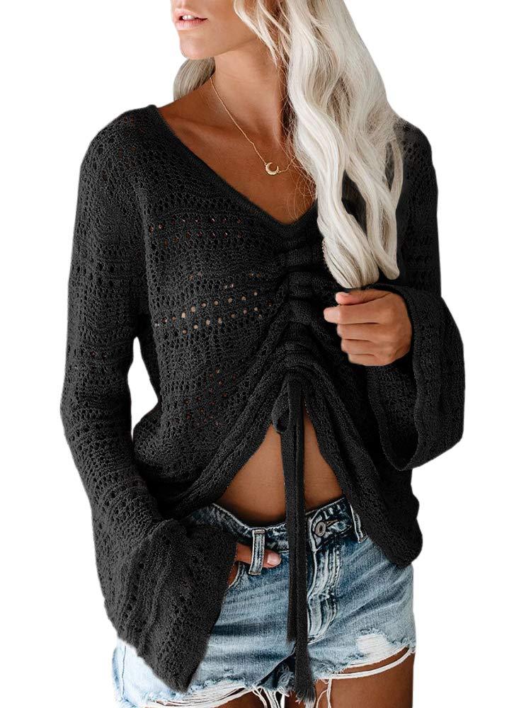 Summer Beach Bohemian Sweater Women's Strapless Hollow Flared Sleeve Drawstring Design Comfortable Knitted Undercoat Top