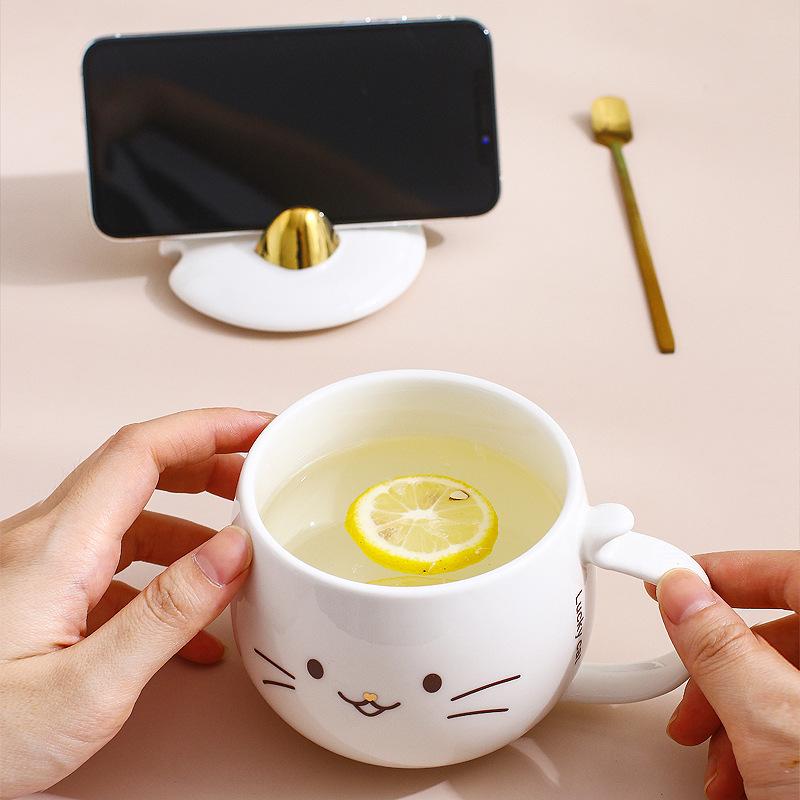 Mobile Phone Holder Mug with Lid Spoon Household Company Creative Personalized Cat Ceramic Cup Male and Female Cute Water Cup
