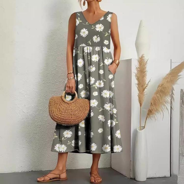 

Vintage Harajuku Elegant Womens Cotton Dress Summer Short Sleeve Loose Long Dress Comfortable O Neck Solid Color with Pocket S зелёный