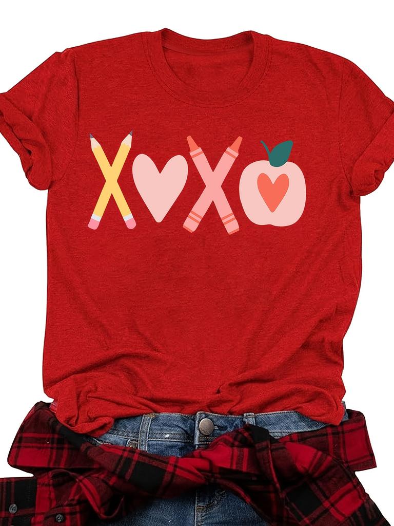 Valentines Day Womens Casual Short Sleeve TShirt Fit with Geometric XOXO Hearts Apples Print Summer Daily Wear Clothing