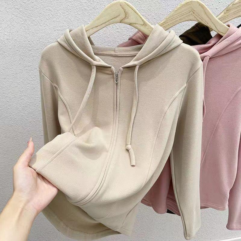 Solid Color Women's Casual Hooded Sweatshirt Zipper Short Cardigan Versatile Long-sleeved Top