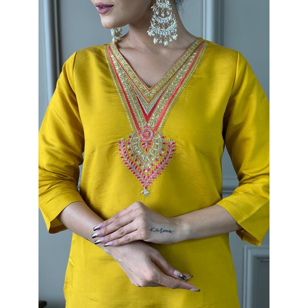 Women Bollywood Chanderi Kurti Indian Designer Top Tunic Kurta Pant Dupatta Set SC-2289