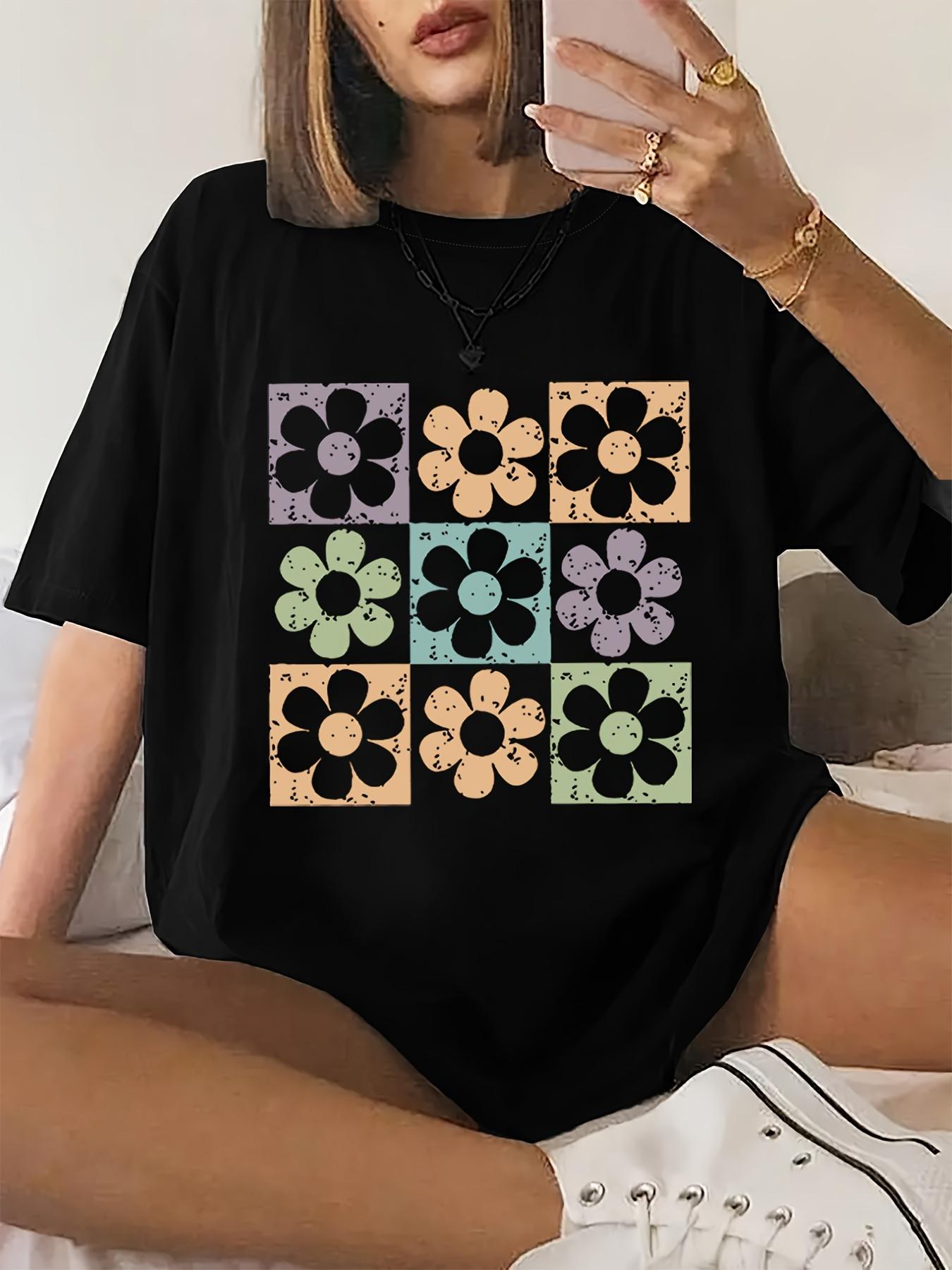 

Flower Design Print TShirt ShortSleeve Round Neck Casual Top Fashion Casual Harajuku Kawaii Tshirt Womens Y2K Clothing S