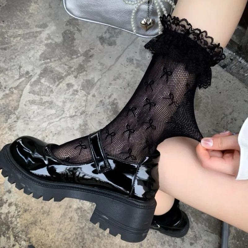 

Fishnet Socks Women Sexy Bow Print Hollow Out Lace Sock Japanese Fashion JK Lolita Kawaii Sock Breathable Mesh Ankle Socks One Size чёрный