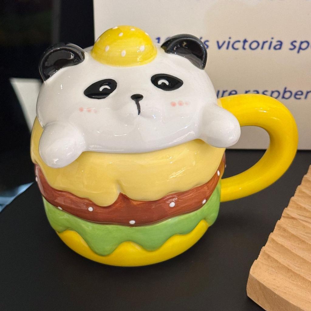 Creative Design Ceramic Burger Mug with Lid Cute Cartoon Animal Shape Household Drinking Cup Souvenir