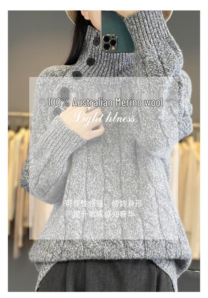 Mengyi 25 Autumn/Winter Women's High Neck Yarn-Dyed Wool Sweater with Side Buttons and Cable Knit Design.