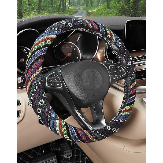SEG Direct Boho Steering Wheel Cover With Baja Blanket Cloth, Ethnic Style Auto Wheel Cover Made Of Coarse Flax, Fits 14 1/2-15 1/4 Inches Car Wheel
