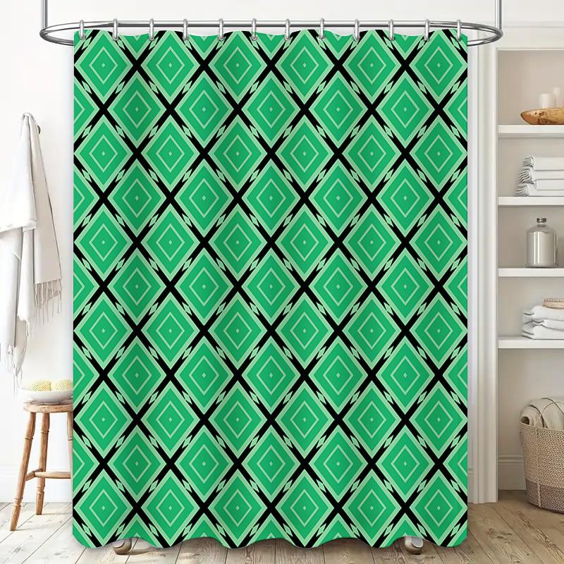 Green Black Diamond Pattern Shower Curtain Decorative for Bathroom Waterproof Polyester Fabric with Metal Eyelet Rings (Set)