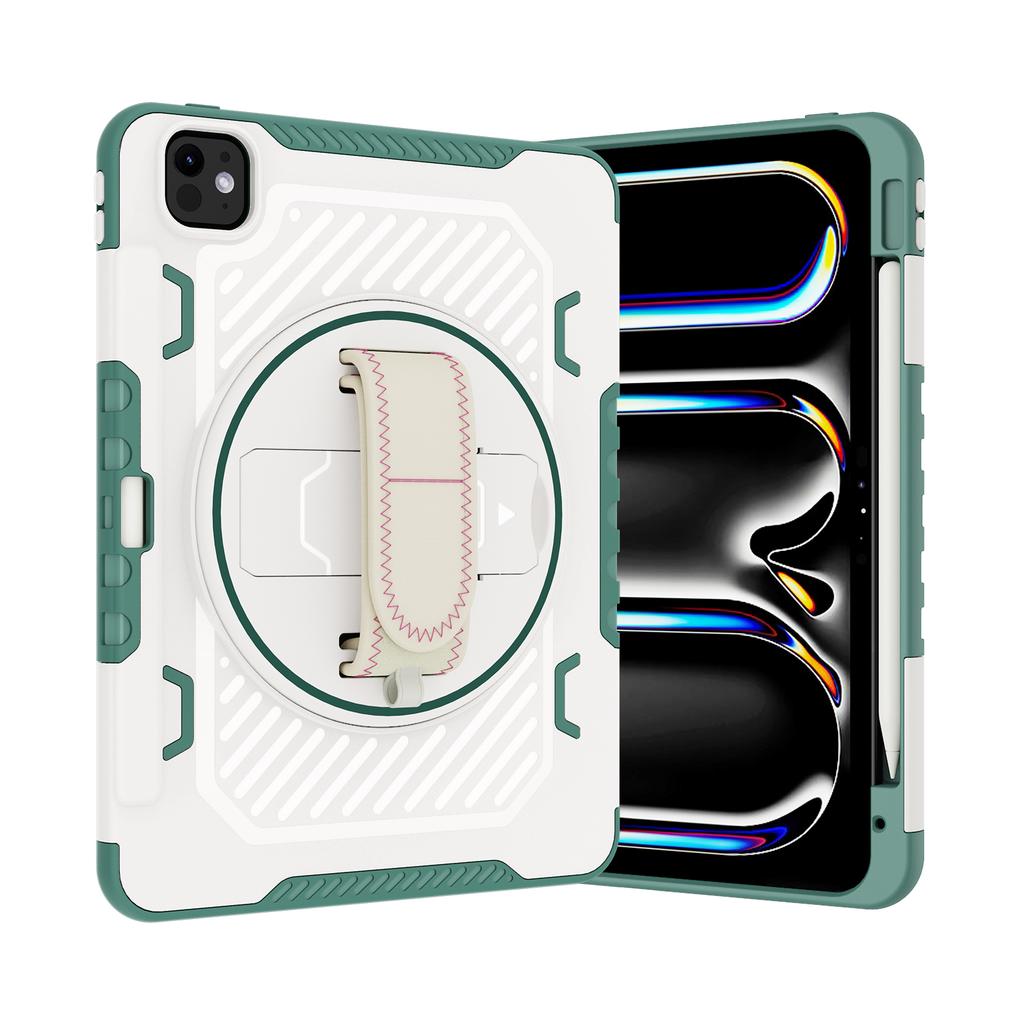 For iPad Pro 11 (2025)/11 (2024) Case Kickstand PC + TPU Shockproof Tablet Cover with Hand Strap/Pen Slot