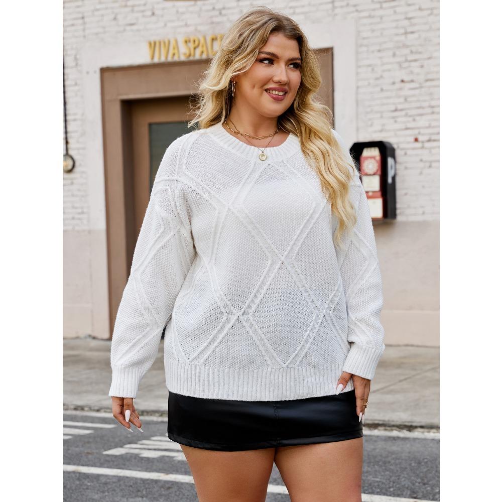 Plus-size Women's Diamond-patterned Jacquard Loose Casual Pullover Sweater