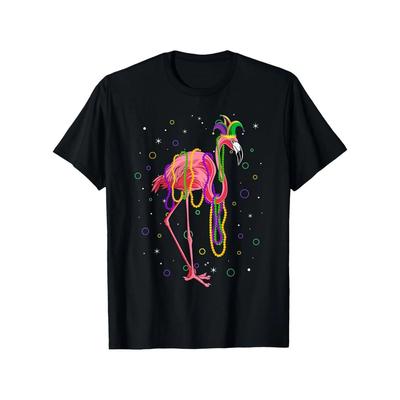 Flamingo Mardi Gras Graphic Tee Men's Lightweight Breathable Short Sleeve T-Shirt for Festivals