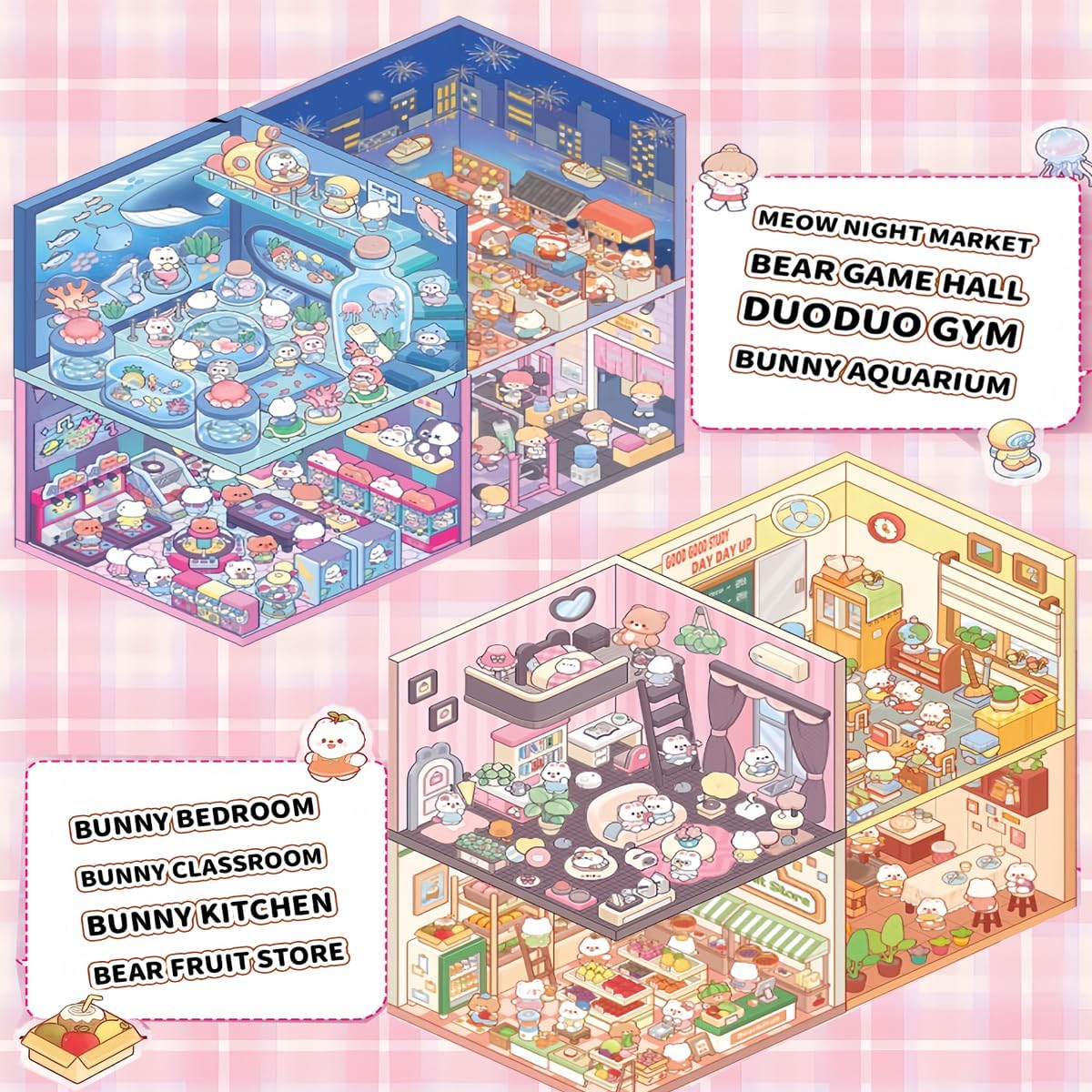 20 Sets 3D Sticker Therapy Scene Material Book,DIY 3D House Stickers Set for Adults,Rich Collection of 3D Space Stickers and Storage Spiral