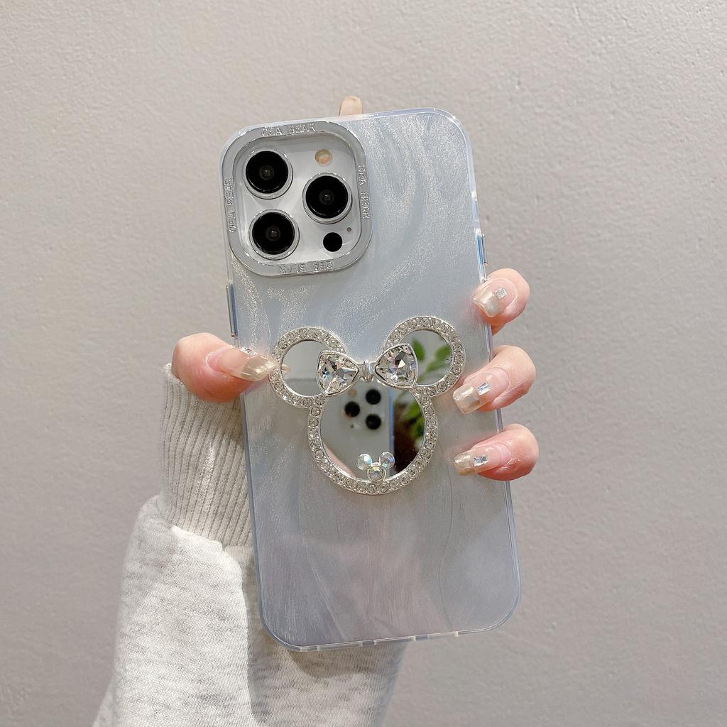 Galvanisierter Rahmen Federgarn Geeignet für Apple 15pro Mickey Spiegel mit Armband IPhone16promax Hart Handyhülle