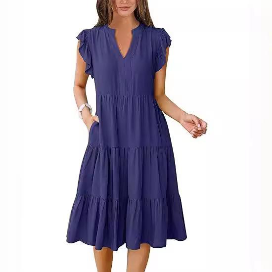Women's V-neck, Ruffled Sleeve, Mid-length, Patchwork, Wide Skirt, Pocket Dress