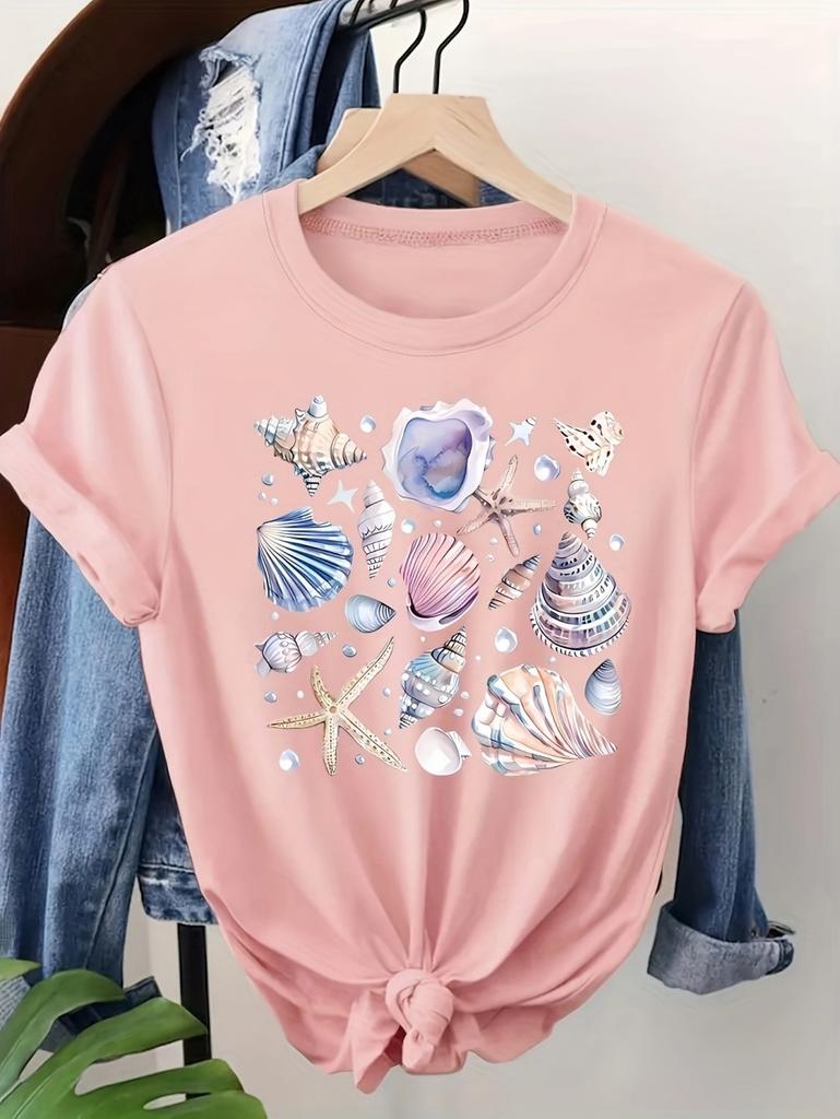 Summer Playful Women's Casual Short Sleeve T-Shirt Shell Print Ocean Style Trendy Tops Hawaii Vacation Outdoor Fit Woman Clothes