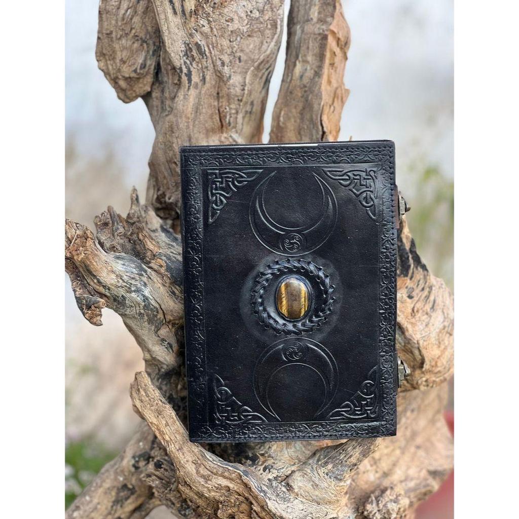 Handmade Black Leather Journal: Triple Moon Stone Embossed Notebook