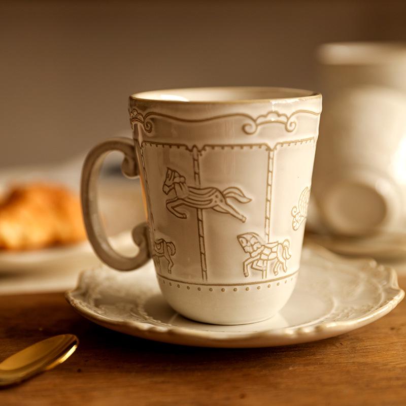 French Retro Embossed Ceramic Coffee Cup & Saucer Set for Afternoon Tea or Latte Art