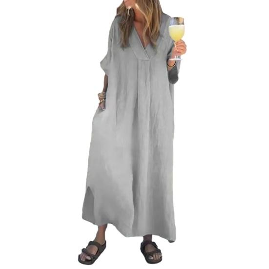 Women's Loose Maxi Dress V-Neck Short Sleeve Long Dress Summer Casual A-Line Beach Sundress