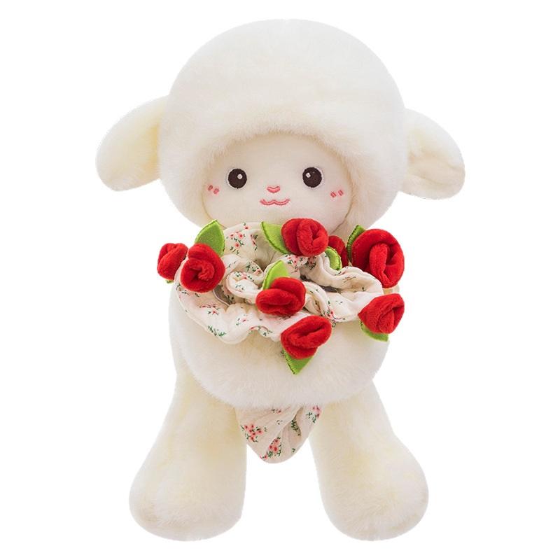 Rose Bouquet Sheep Doll with Hand Magnetic Soft Animal Plush Small Anime Hugging Lamb Doll Birthday Girls Valentine Gift