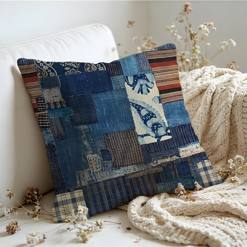 Cushion Cover Linen SkinFriendly Soft Decorative Case for Sofa Home Decor Denim Patchwork Print Pillow Cover