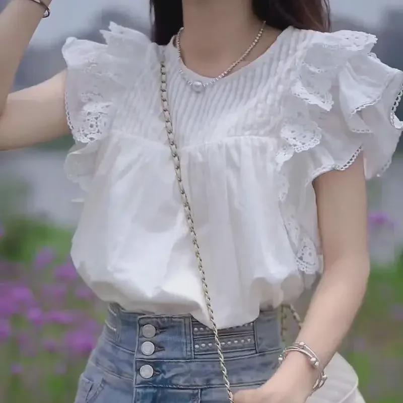 

2023 Summer Women s White Fairy Ruffle Lace Blouse with Double-Layer Fly Sleeves L (53-60 kg)