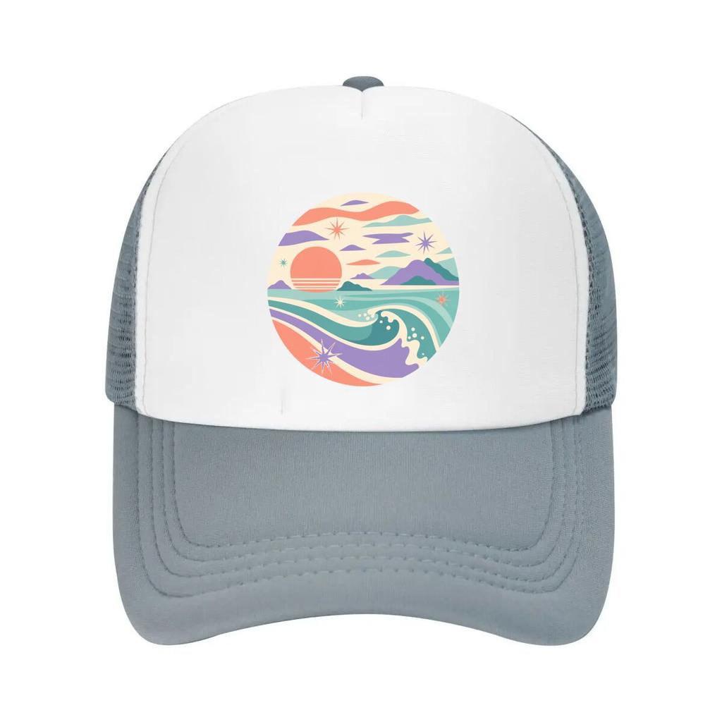 Pastel Coastal Sunset Wave Emblem Mesh Baseball Cap Casual Hat Outdoor For Womens Unisex FeUnisex