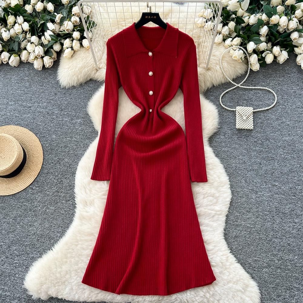 Autumn Winter Women Casual Turn-down Collar Knitted Sweater Long Midi Red Pullover Dresses