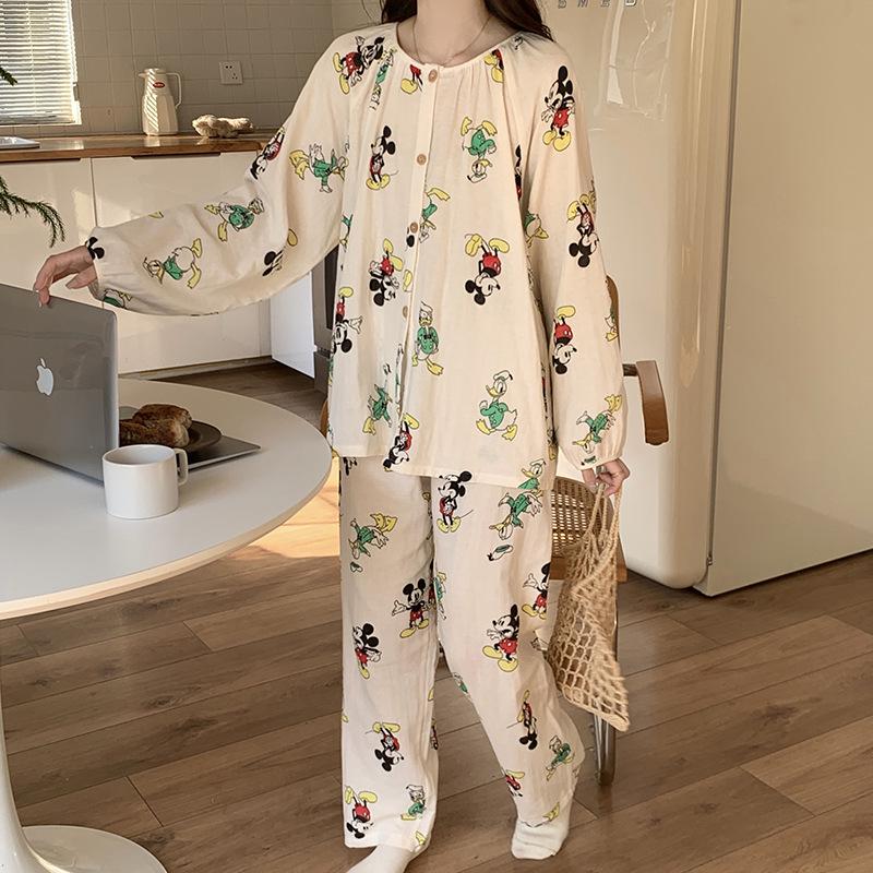 Ladies' Cartoon Pajama Set: Cotton Gauze, Long Sleeve & Pants, Thin Cardigan, Spring/Autumn Style.