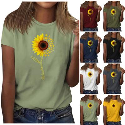 Sunflower Ladies Cute Print Short Sleeve Round Neck Front Shoulder Vintage Short Sleeve Summer Loose Shirt Top