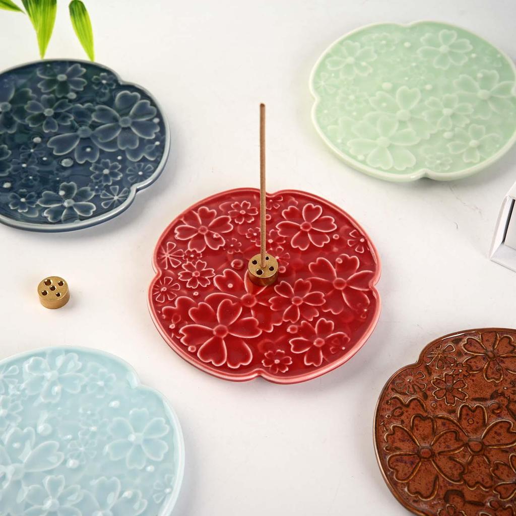 Cherry Blossom Ceramic Incense Holder - Flower-Shaped Multi-Color Stand