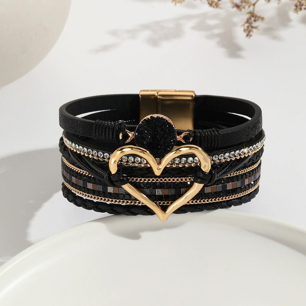1pc Boho Chic Multilayer Faux Leather Wrap Bracelet with Handmade Braiding, Vintage Style, Big Golden Heart Charm