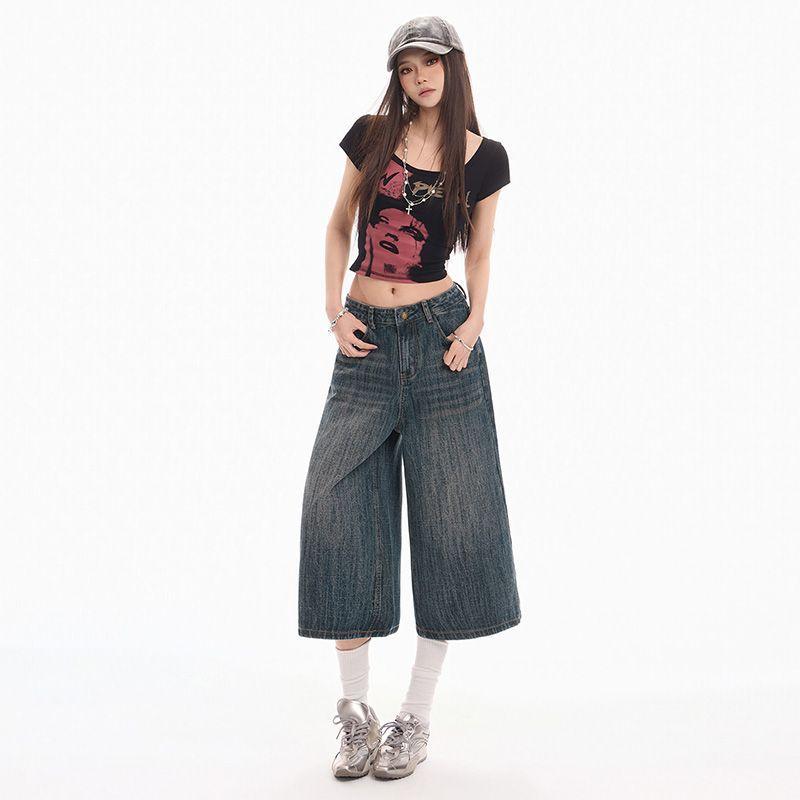 Trendy Summer Vintage Wide Leg Straight Cropped Capri Denim Pants For Women Versatile Loose Straight Slimming Casual Bottoms