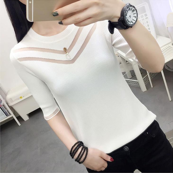 Ice Silk Knit Sweater Women Loose Crewneck T-shirt Half Sleeve Pullover Sweater Spring Summer Knitted Top