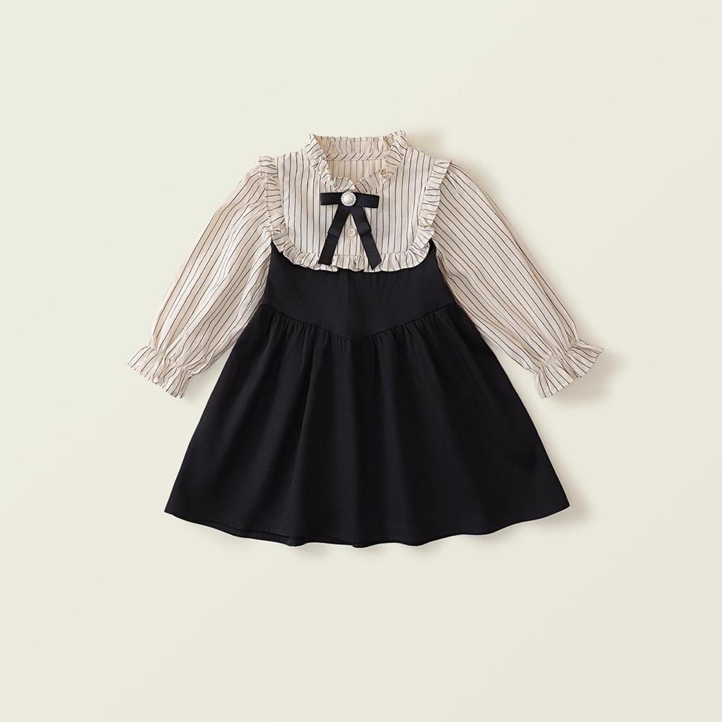 Herbst 2025 Mädchen Gestreiftes Colorblock Langarmkleid mit Falschem Zweiteiler Koreanisches Design