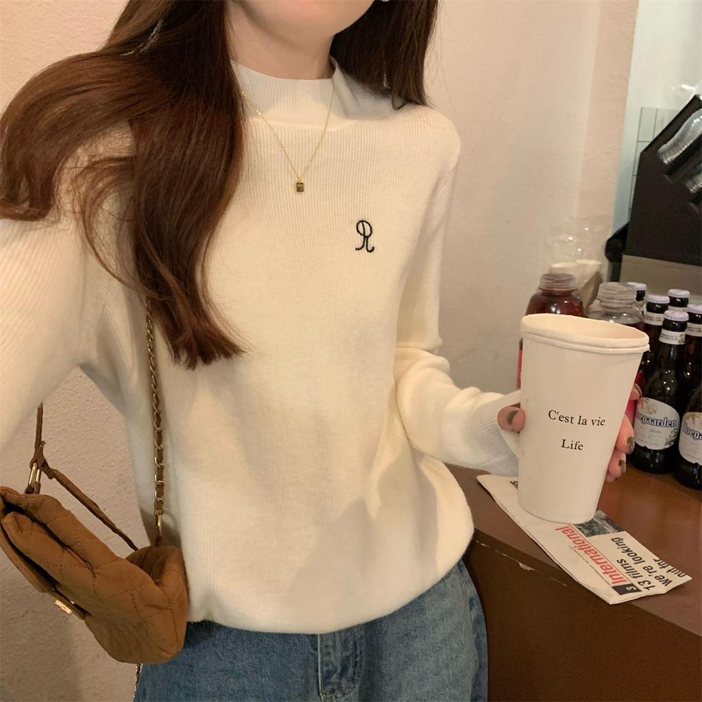 Autumn and Winter New Embroidery Versatile Semi-high Collar Soft Waxy Inner Andy Velvet Knitwear Base Sweater Girl
