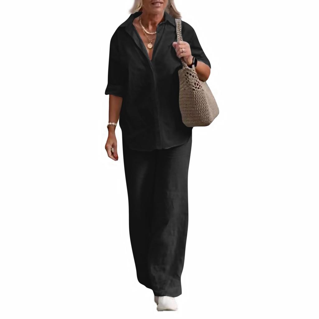 Women's Fashion Casual Summer Color Lapel Long-sleeved Shirt Elastic Waist Nine-point Pants Two-piece Suit