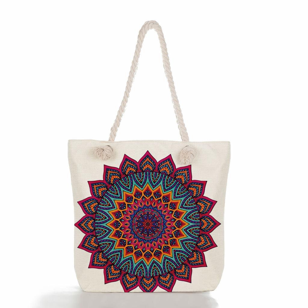 Multifunctional Mandala Printed Thick Rope Shoulder Beach Bag Casual large capacity handbag 7618