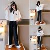 Spring Summer Girls Clothes Children Set Kids Loose T-shirt Top and Bottom Striped Wide Leg Pant