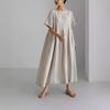 2026 Summer Large Loose Cotton and Hemp Casual Dress Elegant New Round Neck Short Sleeve A-line Dress Female Fashion Solid Color Simple Clothing