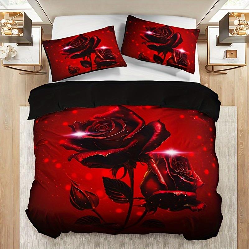 3pcs Red Rose Floral Duvet Cover Set WIth Pillowcases High-Definition Printed Bedding Sets No Filling Queen Size For Girls Room